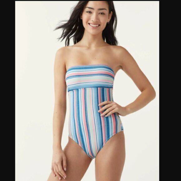 Splendid NWT Blue Pink Striped Holding Pattern Bandeau One-Piece Swimsuit Size M - Picture 1 of 9